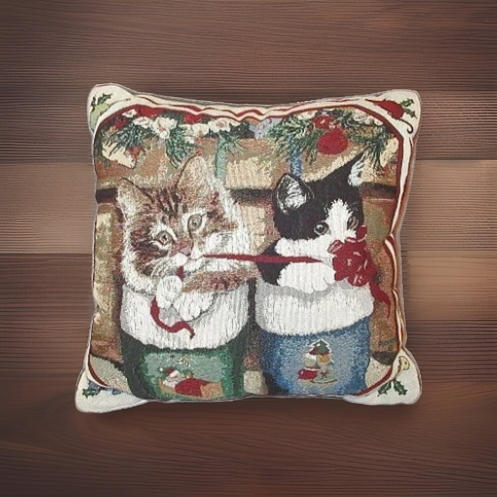 Vtg Cat Tapestry Throw Pillow 16" Christmas Kittens Floral Present Holiday 16"